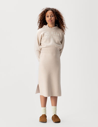 Girls’ beige knit hoodie with slogans - IKKS