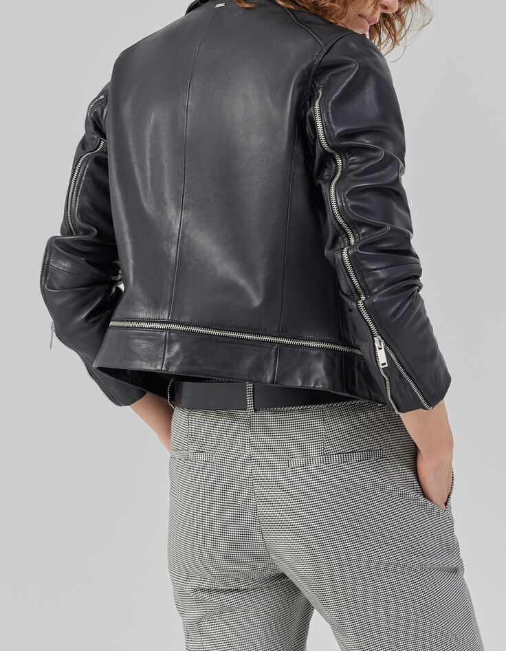 Veste en cuir noir esprit motard multi zips Femme-3