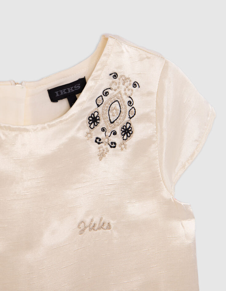 Ecru satin and embroidered bi-material dress for girls-2