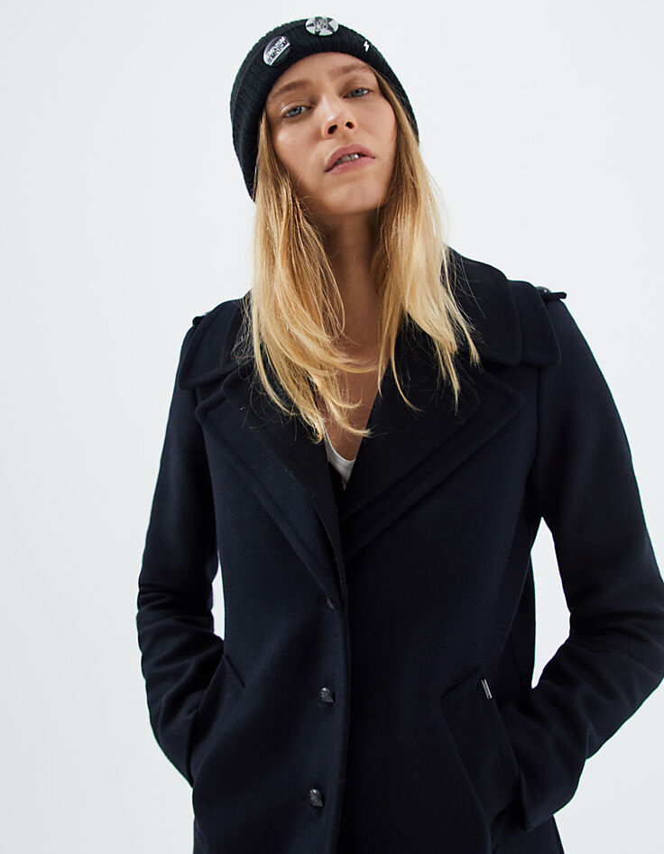 Manteau caban en drap de laine marine double col femme-6