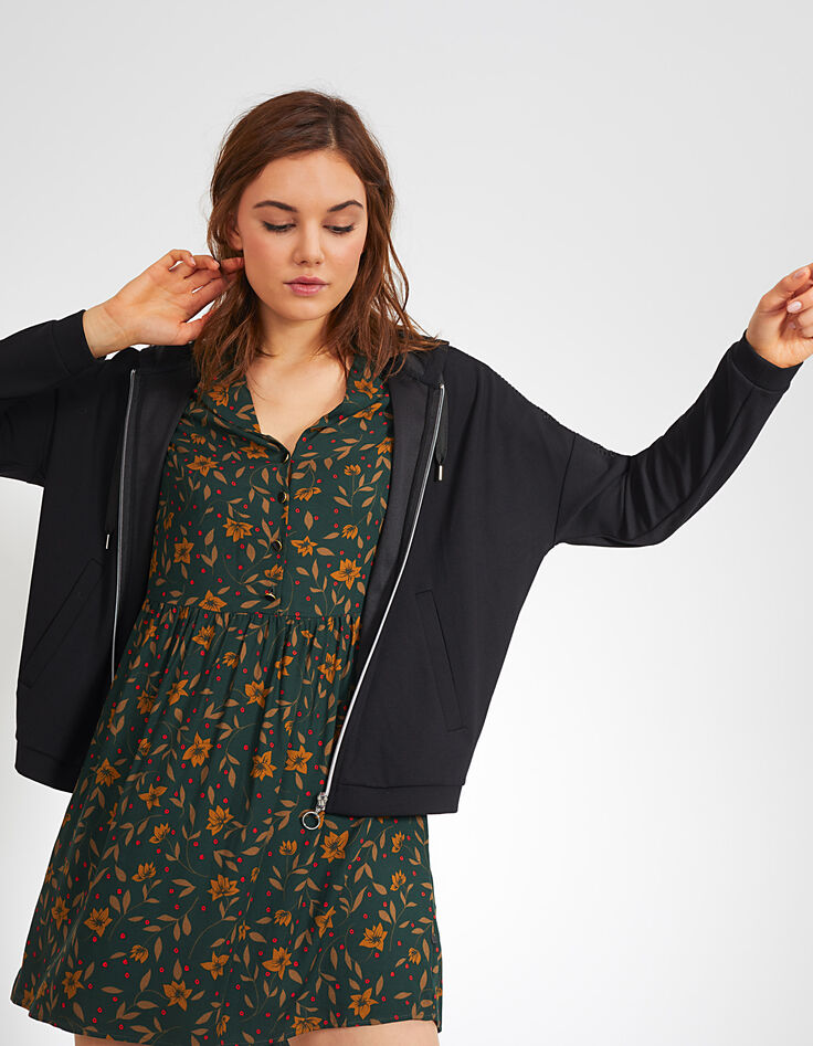 Zwart vest met rits, capuchon en geborduurde mouwen I.Code-3