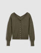 Pull col V kaki tricot 100% laine boutons strass dos Femme-6