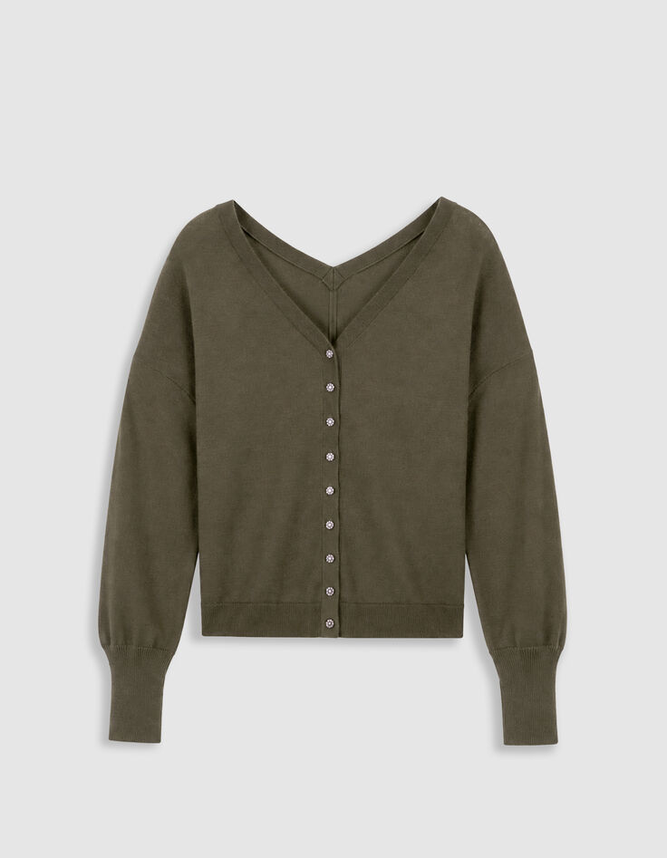 Pull col V kaki tricot 100% laine boutons strass dos Femme-6
