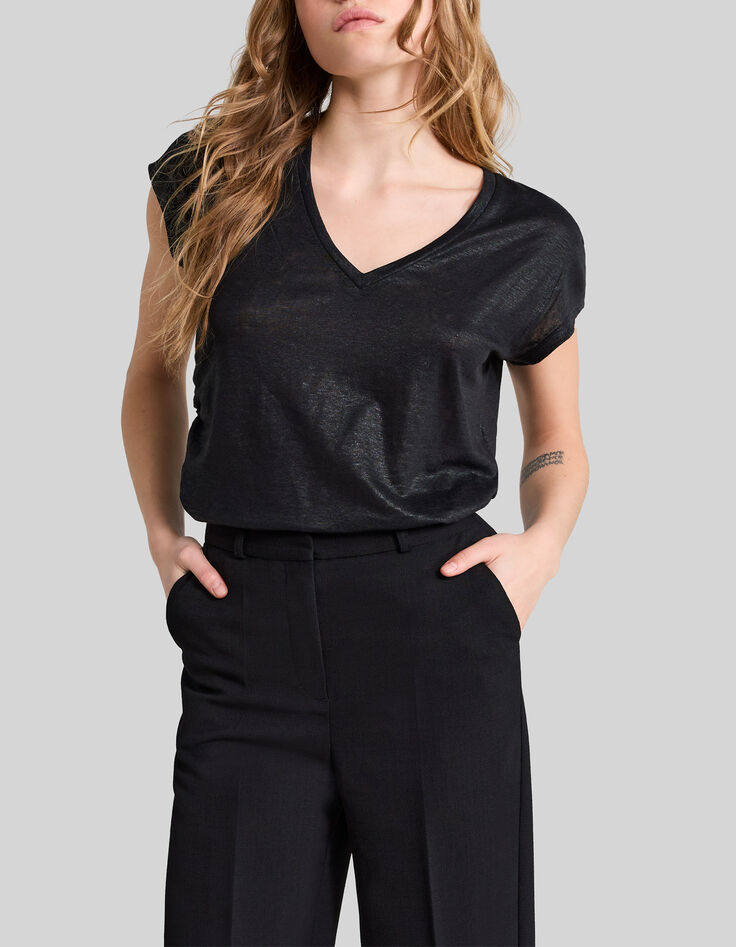 Schwarzes Damen-T-Shirt aus irisierendem Leinen-2