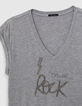 Graues Damen-T-Shirt mit gesticktem Schriftzug mit Perlen-6