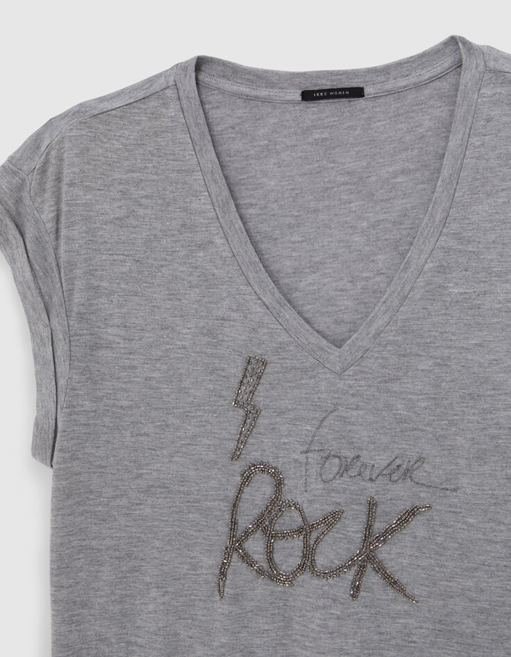 Graues Damen-T-Shirt mit gesticktem Schriftzug mit Perlen-6