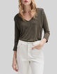 Dames-T-shirt met V-hals en strassteentjes in kaki viscose-2