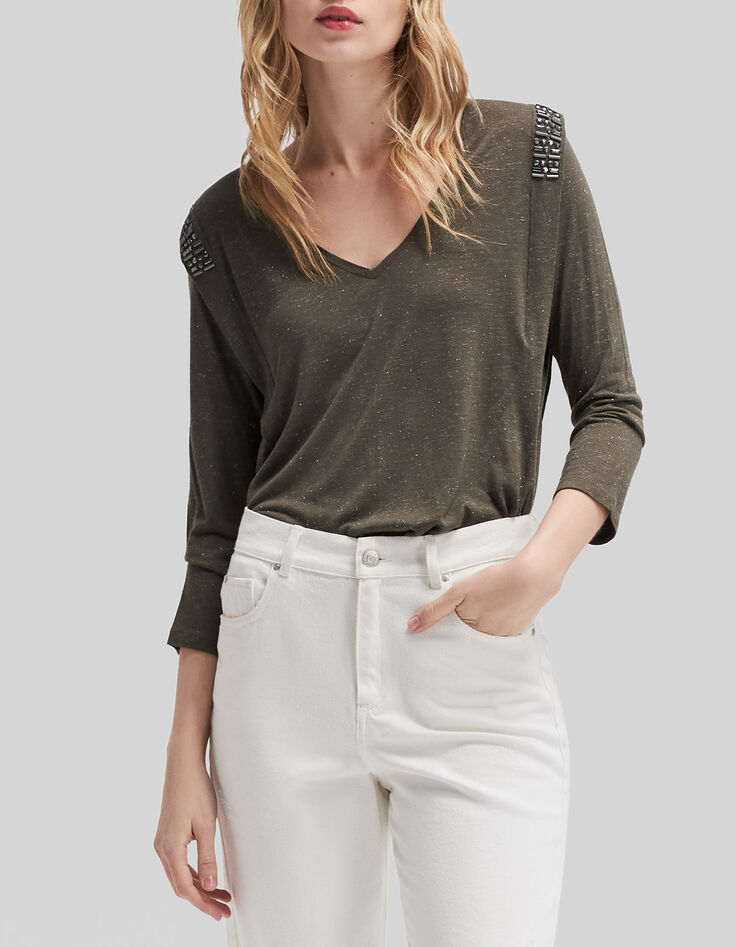 Dames-T-shirt met V-hals en strassteentjes in kaki viscose-2