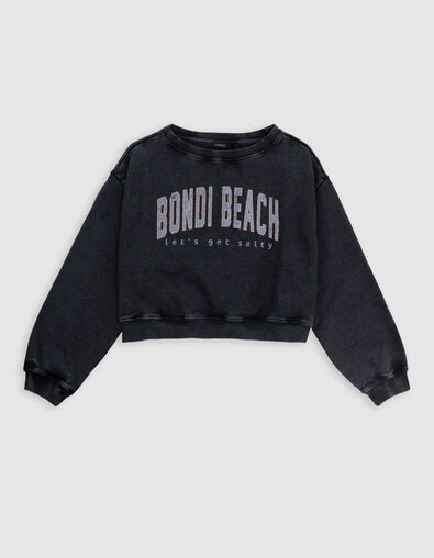Graues M&auml;dchen-Sweatshirt, Cropped-Botschaft, Glitzer - IKKS