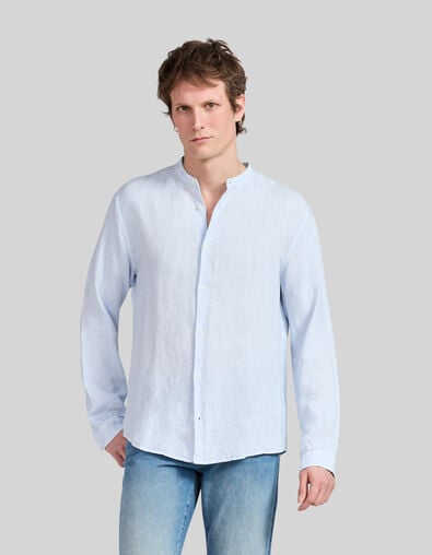 Blaues REGULAR-Herrenhemd aus 100 % Leinen mit Maokragen - IKKS