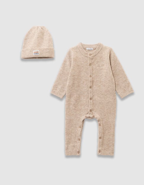 Set beige tricot jumpsuit en muts babyjongens - IKKS