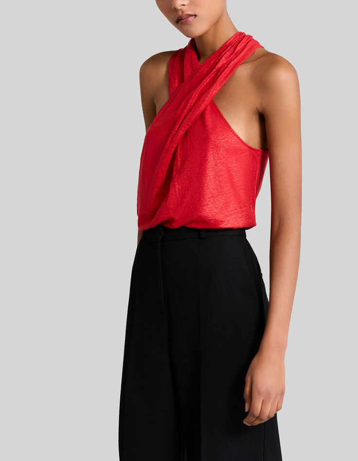 Camiseta grosella metalizada cruzada delante mujer-5