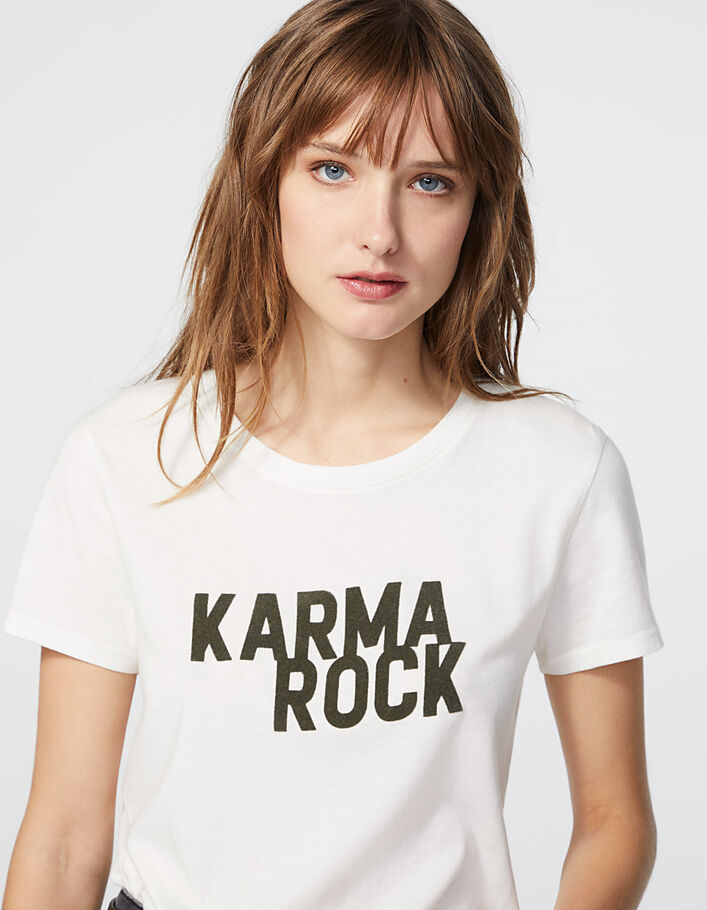 Camiseta blanco roto de algodón modal visual Karma Rock mujer - IKKS