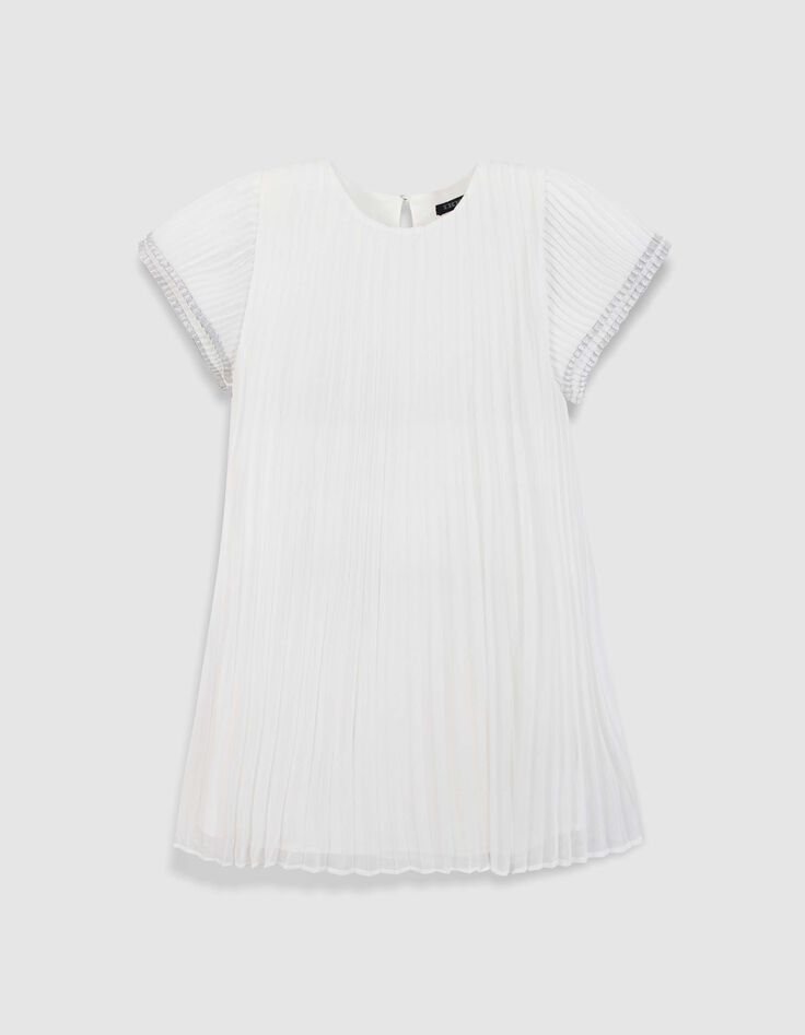 White pleated voile double-sleeved dress for girl-1