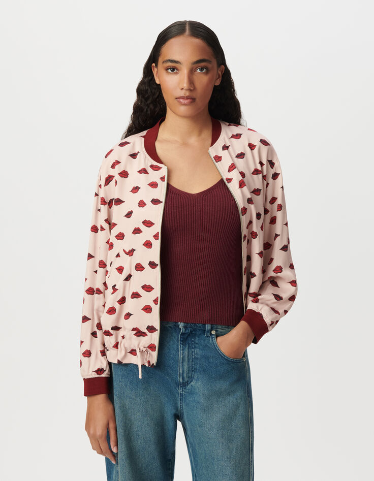 Blouson bomber rose satiné imprimé bouches Femme-2