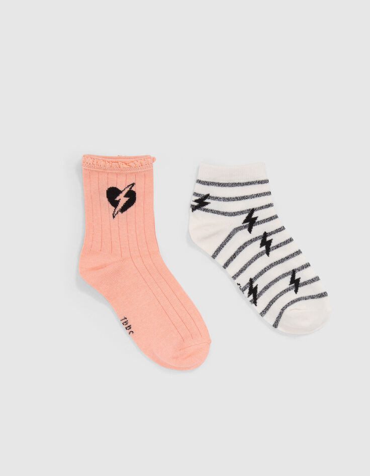 Pfirsichrote und cremeweiße Mädchensocken mit Streifen-1