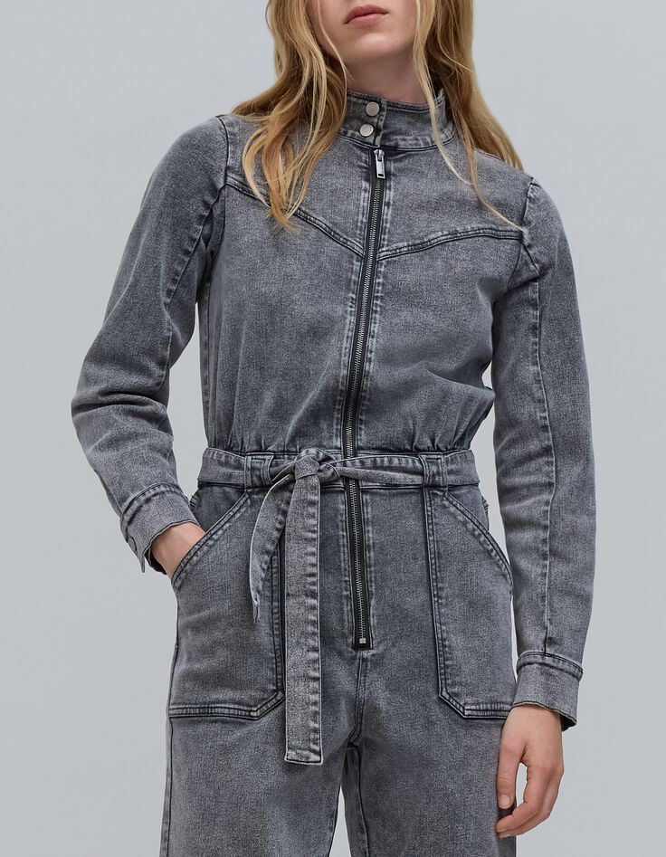 Mono vaquero gris con cremallera para mujer-4