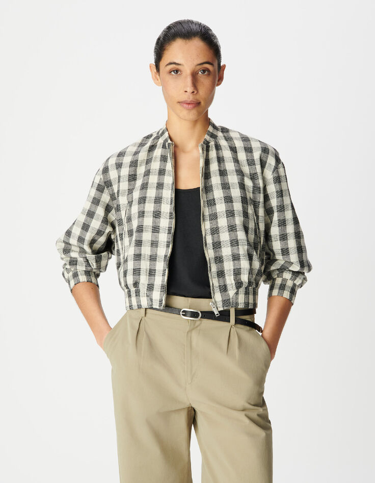 Blouson court &eacute;cru motif carreaux Femme-2