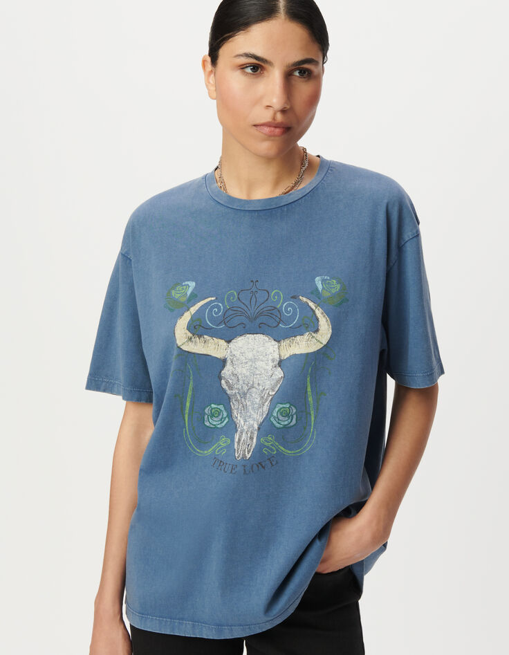 Tee-shirt manches courtes bleu grisé visuel buffle Femme-2