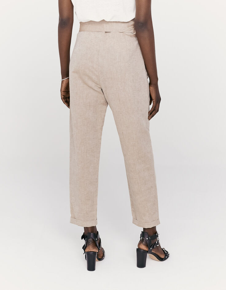 Pantalones camel lino algodón cinturón mujer-2