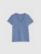 Turquoise Katoenen V-hals T-shirt voor Dames-1