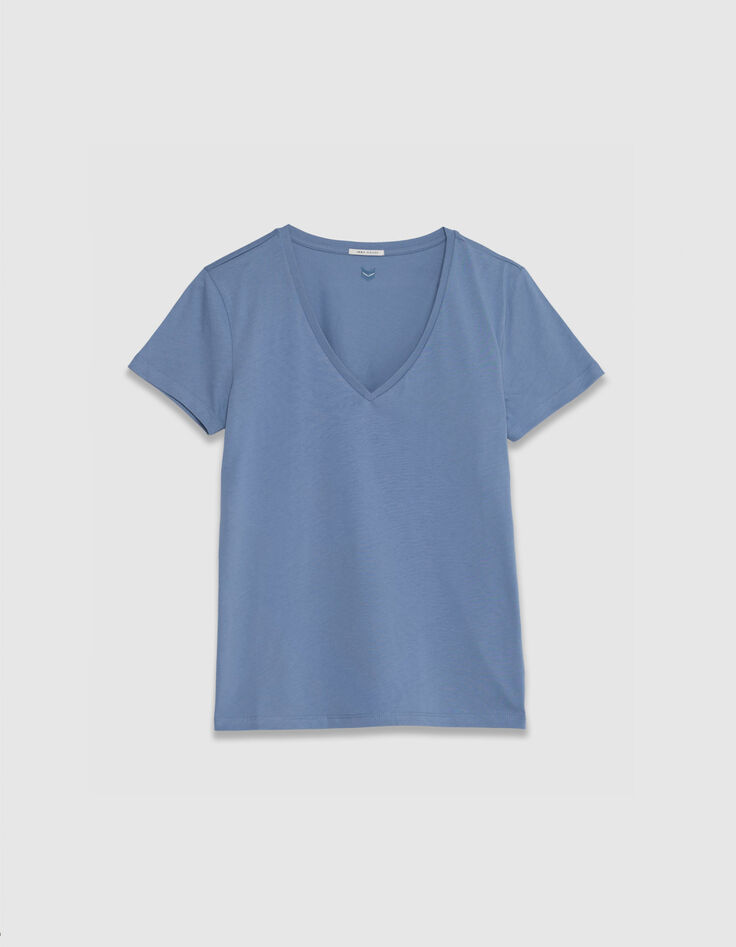 Turquoise Katoenen V-hals T-shirt voor Dames-1