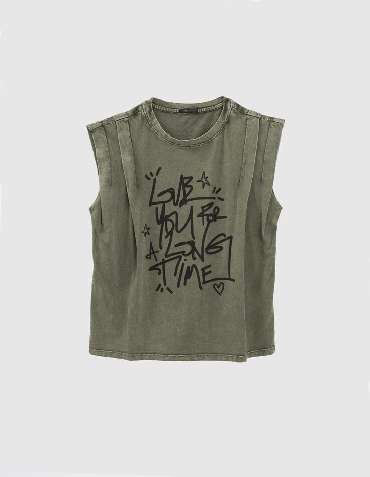 Tee-shirt en coton bio kaki délavé et message femme-6