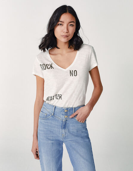 Women’s ecru rock slogan image organic cotton T-shirt