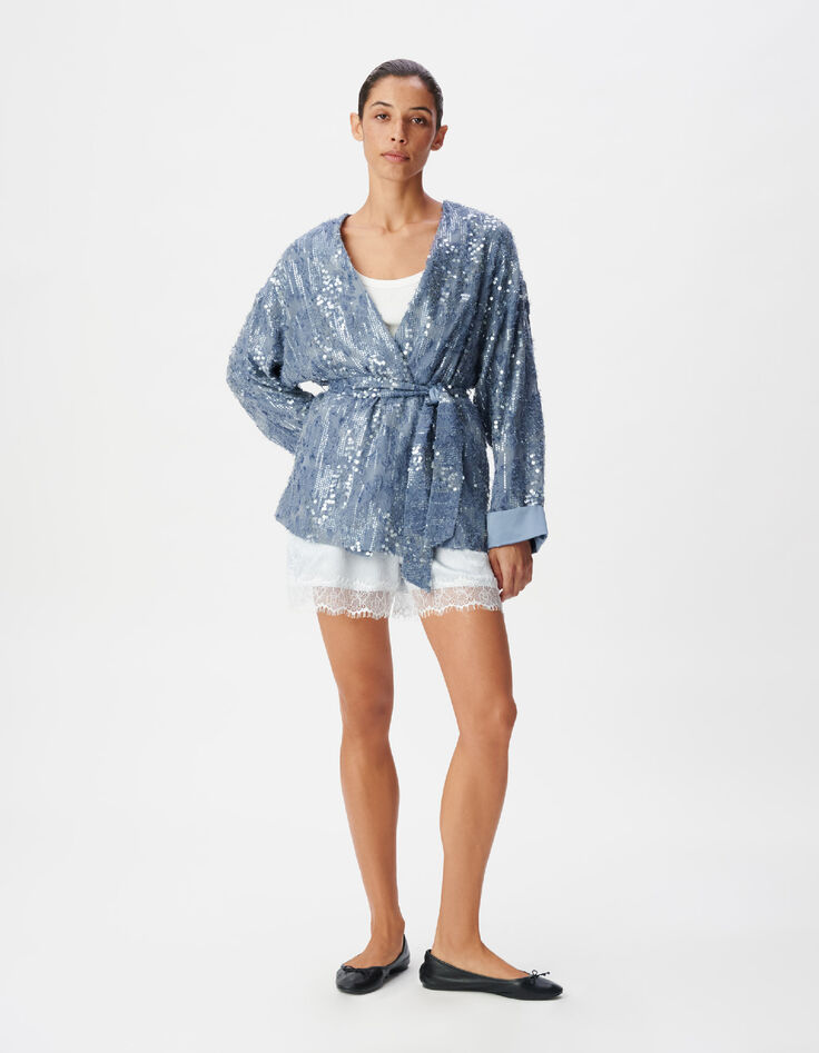 Veste oversize bleue brod&eacute;e sequins esprit kimono Femme-1