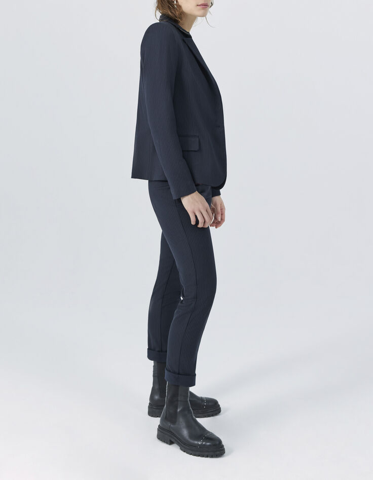 Pantalón de traje recto azul marino rayas tenis mujer-6
