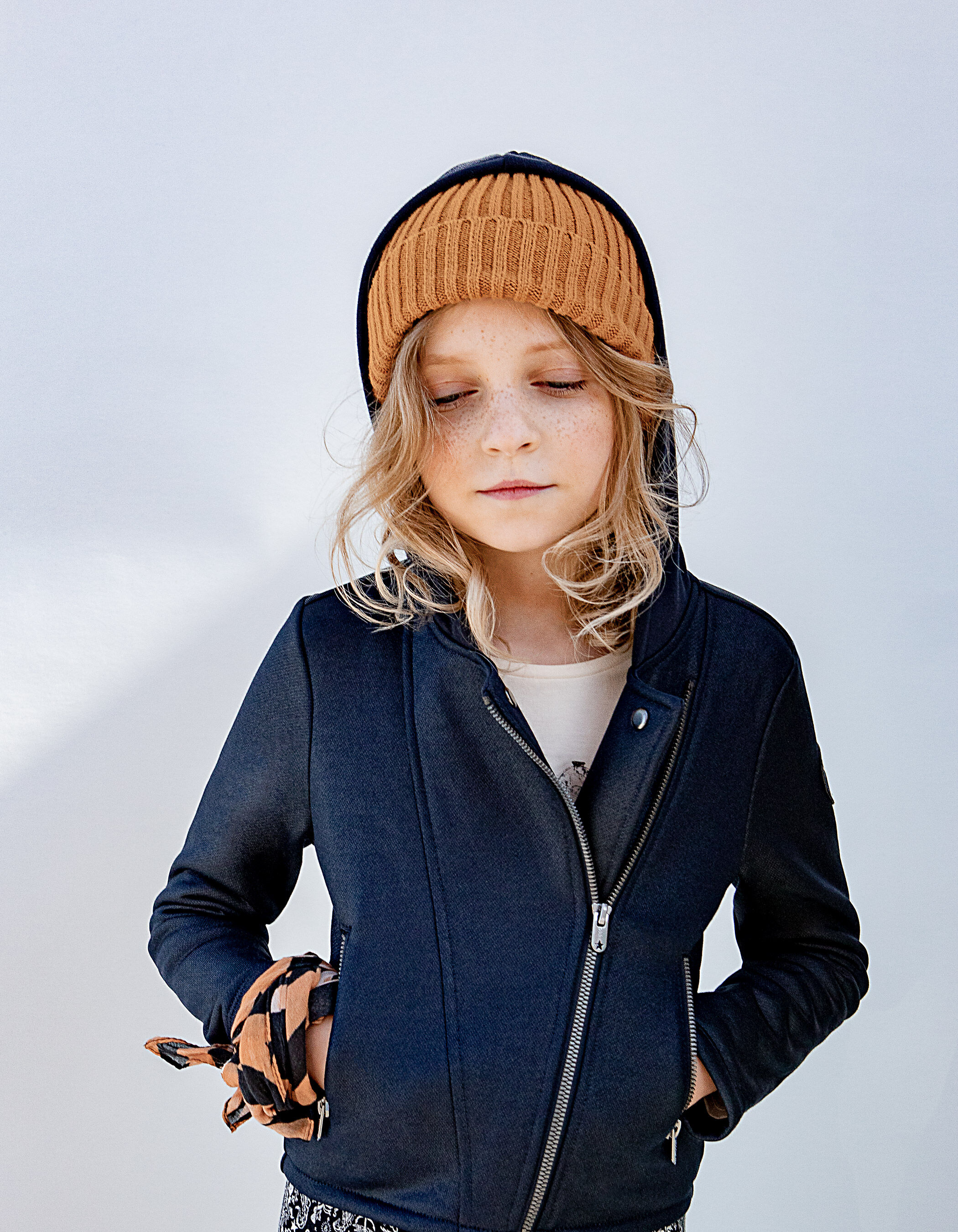 Girls dark navy coated hooded biker style cardigan IKKS