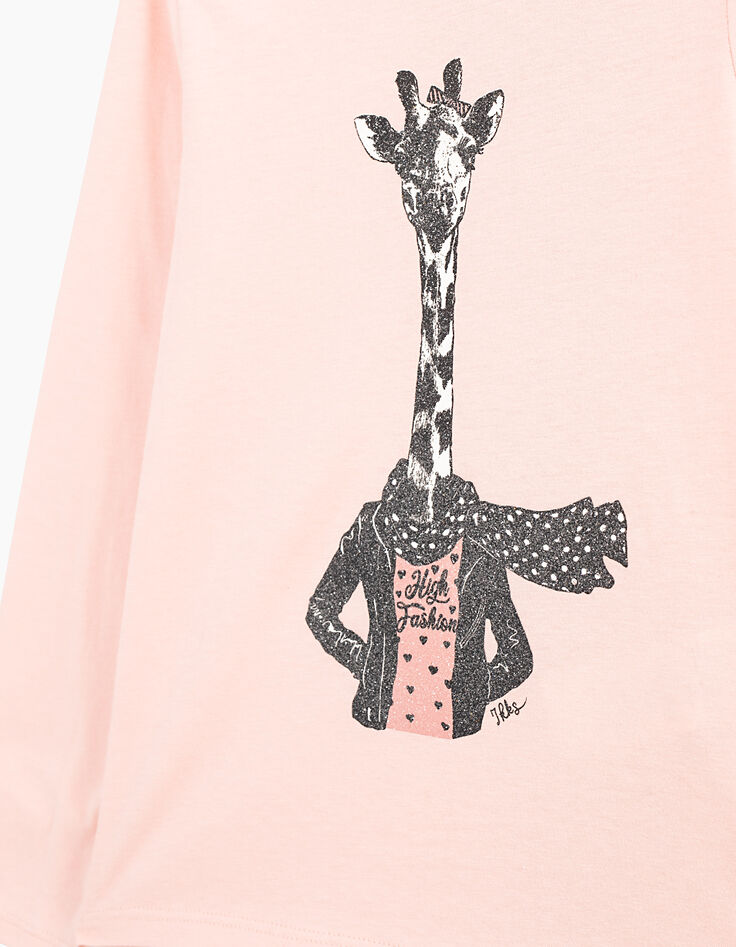 Girls' powder pink glittery giraffe graphic T-shirt-3