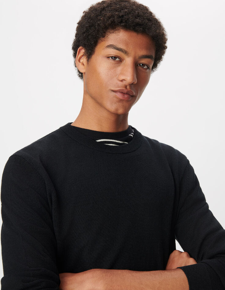 Pull noir col rond tricot 100% laine Homme-4