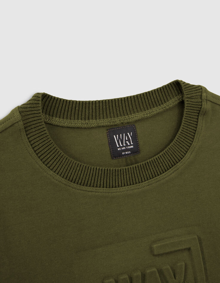 Pull kaki bi-mati&egrave;re avec visuel emboss&eacute; gar&ccedil;on-2