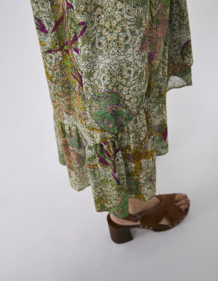 Cremeweißes langes Damenkleid, asymmetrisch, Paisley-Print-5