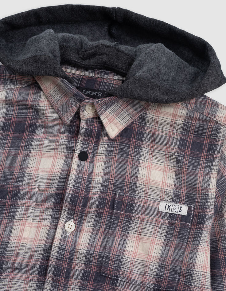 Boy's beige plaid shirt with removable hood-3
