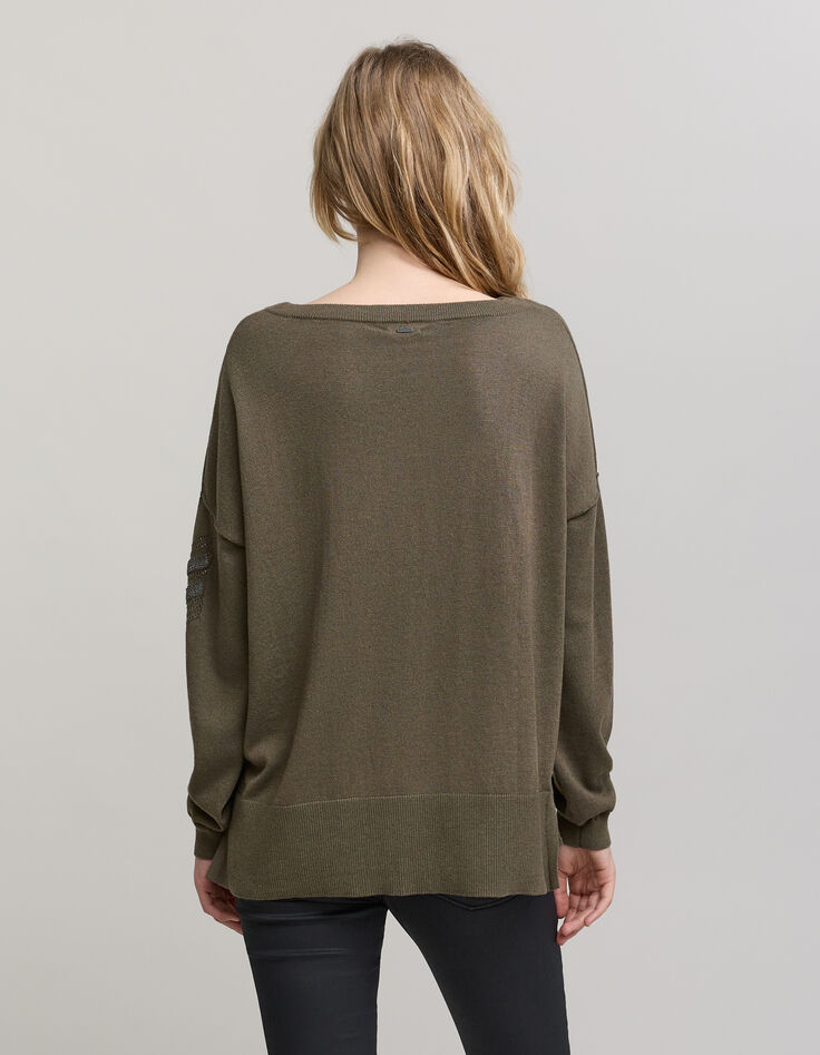 Women’s khaki boat neck sweater with stitch/chain chevron-3
