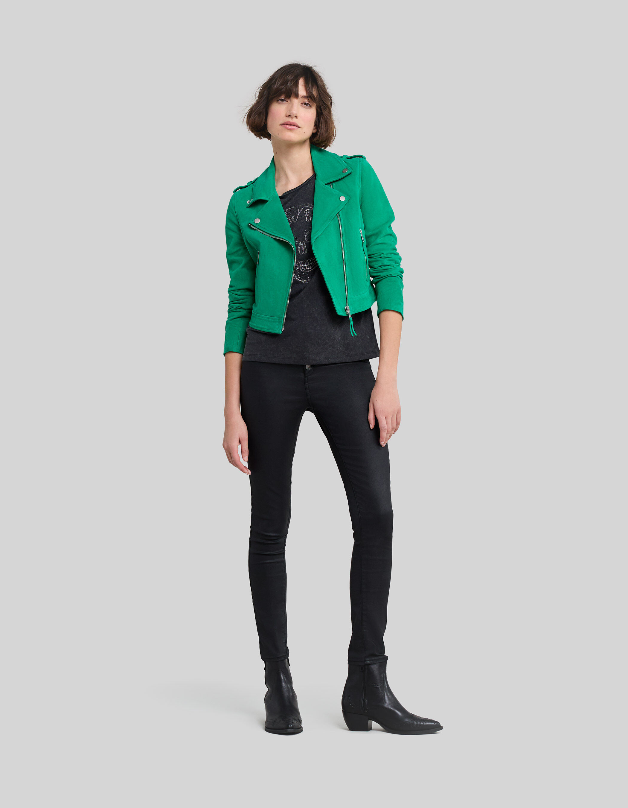 Blouson en cuir velours menthe esprit motard Femme IKKS