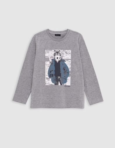 Grey organic cotton t-shirt visual boy wolf-doudoune - IKKS
