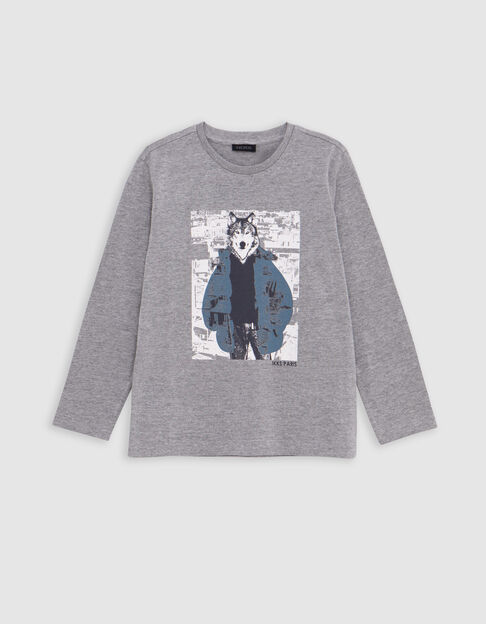 Grey organic cotton t-shirt visual boy wolf-doudoune - IKKS
