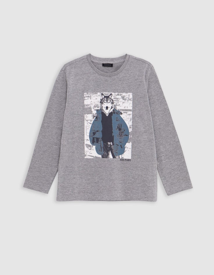 Grey organic cotton t-shirt visual boy wolf-doudoune-1