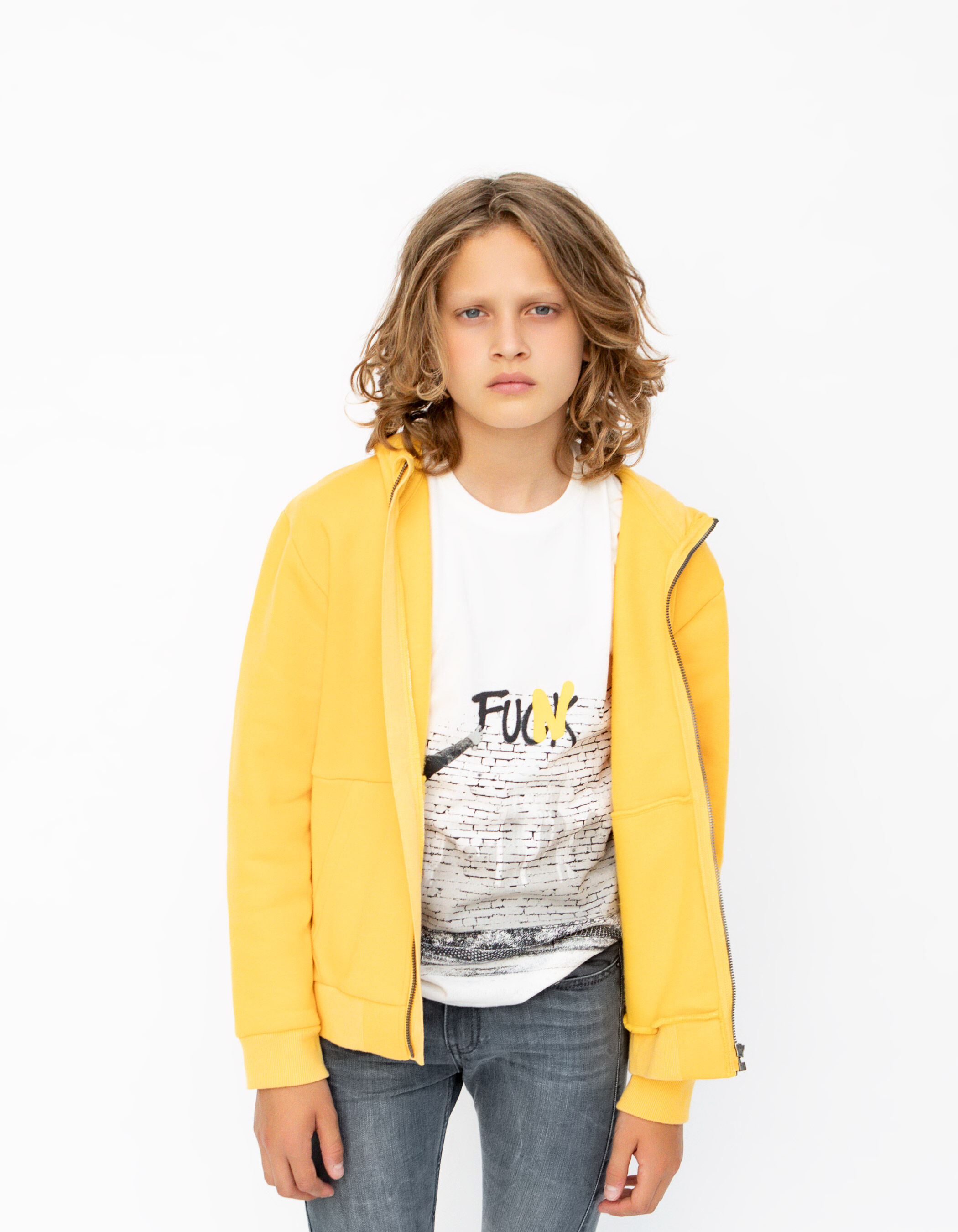 Boys yellow cardigan with embossed slogan on sleeve