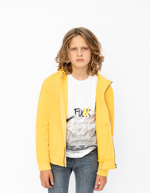 Boys’ yellow cardigan with embossed slogan on sleeve