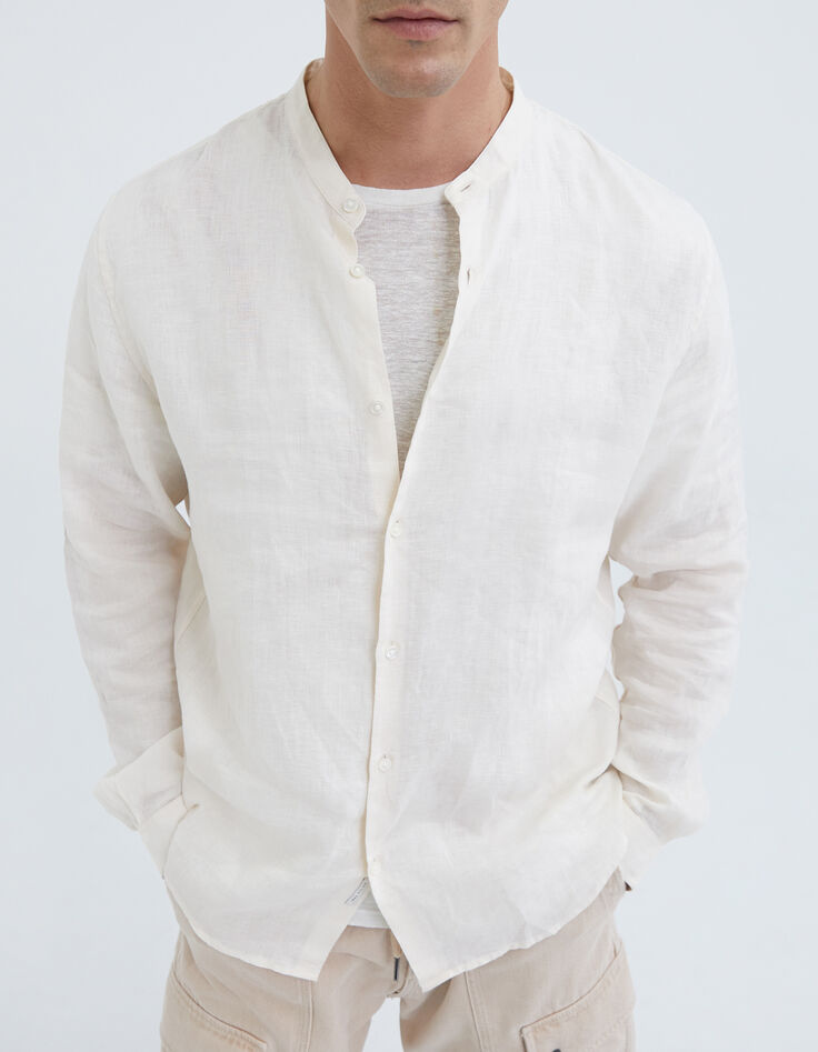 Men&rsquo;s chalk linen REGULAR Mandarin collar shirt-5