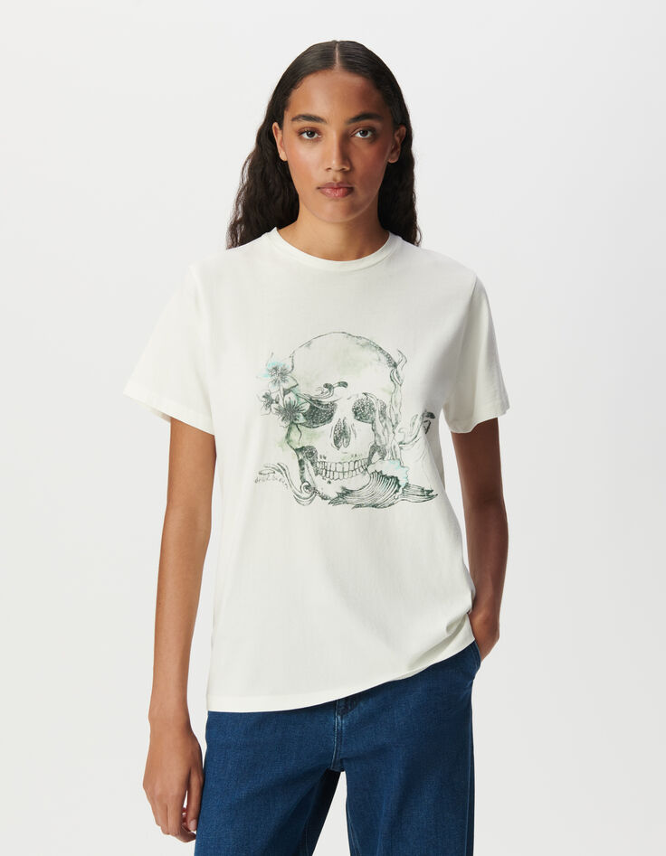 Tee-shirt col rond blanc visuel tête de mort-2