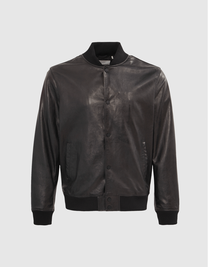 Men s black leather bomber jacket with detachable facing IKKS