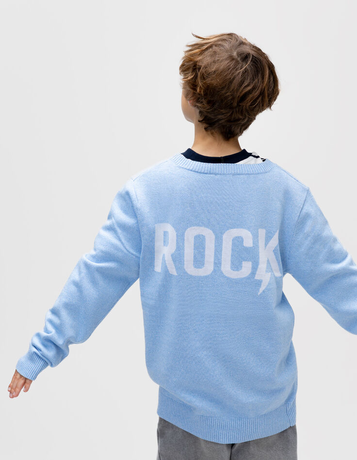 Blauwe gebreide trui jacquard tekst rug jongens-3 Blauwe gebreide trui jacquard tekst rug jongens-3