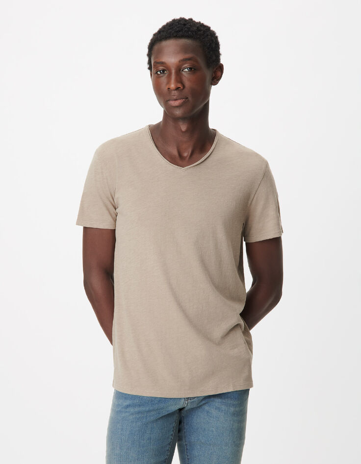 T-shirt encolure V beige coton bio flamm&eacute; Homme-2