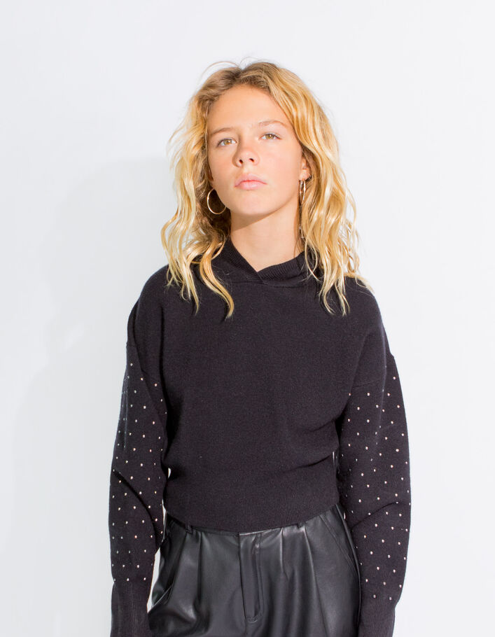 Zwarte gebreide trui cropped studs mouwen meisjes-2
