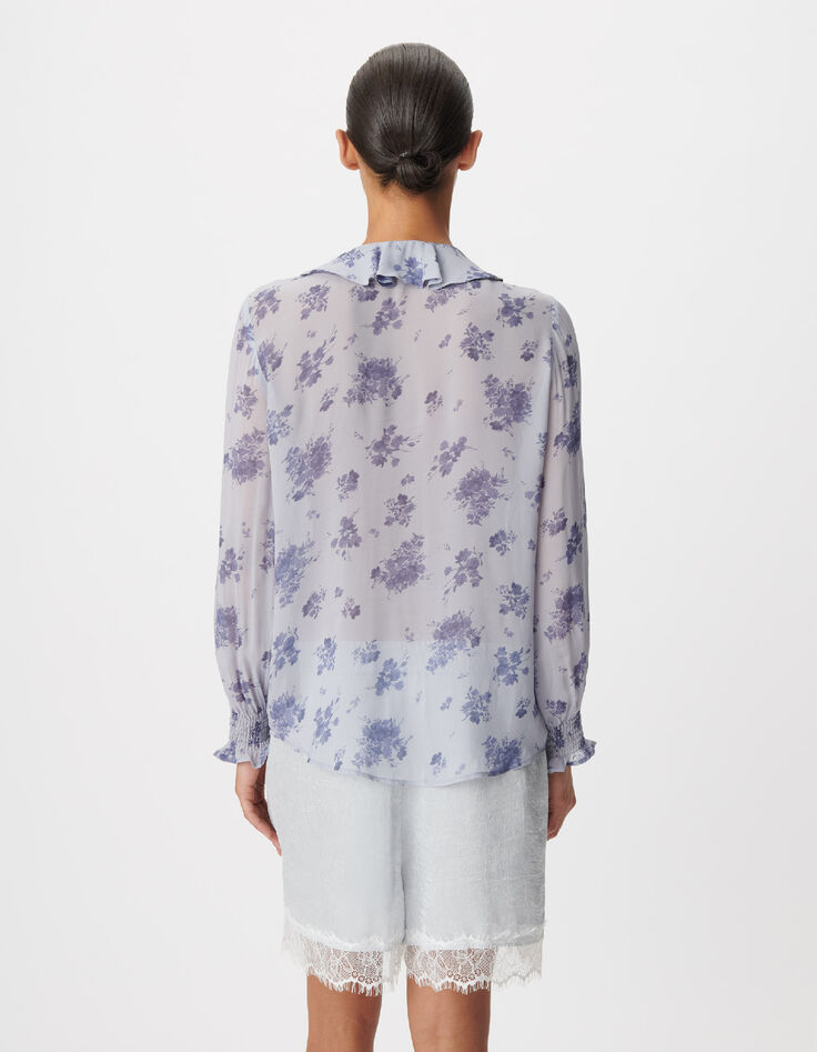 Women's blue micro flower print flowing shirt-3
